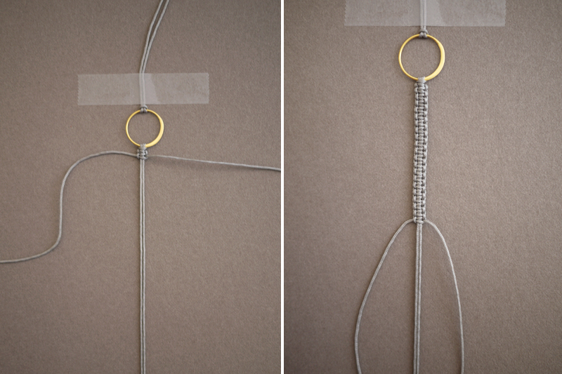 6. Náramek ukončíme tak, že po jedné boční šňůrky provlékneme přes očko jehly, a tu na zadní straně náramku, směrem z konce nahoru podélně vložíme pod poslední 2-4 uzly nahoru. Kleště nám pomohou jehlu přes uzly vytáhnout nahoru.